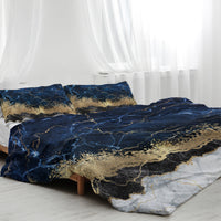 HKM-177619 Chic White Marble and Navy Blue Duvet Cover Set with Pillowcases - Soft Microfiber, Breathable Design