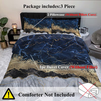 HKM-177619 Chic White Marble and Navy Blue Duvet Cover Set with Pillowcases - Soft Microfiber, Breathable Design