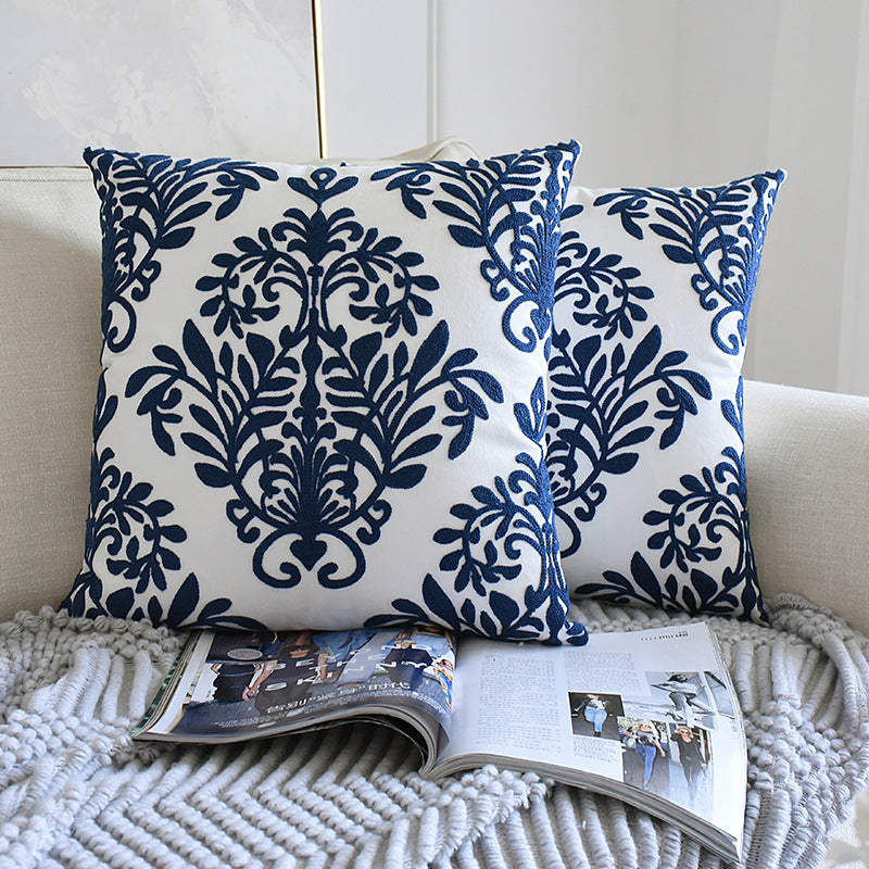 HKM-177683 Blue and White Porcelain Embroidered Geometric Design Waist Pillowcase