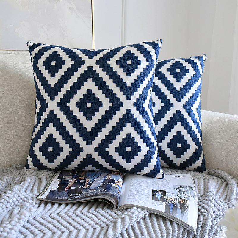 HKM-177683 Blue and White Porcelain Embroidered Geometric Design Waist Pillowcase