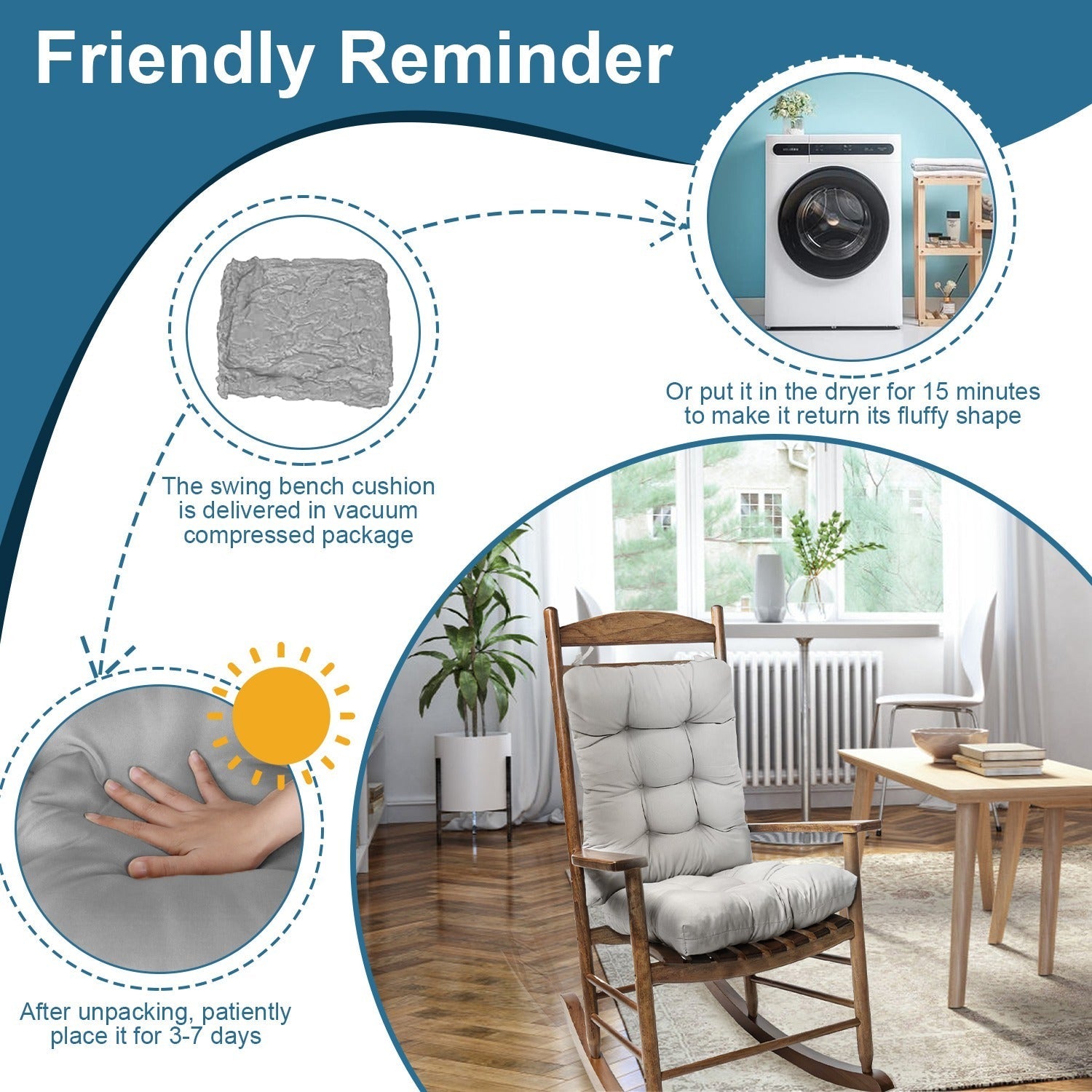 HKM-178835 Waterproof Rocking Chair Cushion Set - Upper & Lower Back Support, Non-Slip Ties, Oxford Cloth, Polyester Filling, Comfortable for Indoor & Outdoor Use