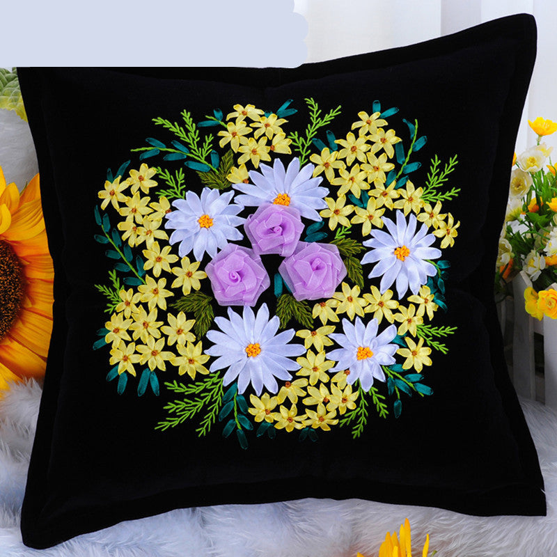 HKM-179411 Navy Blue Flannel Cross Stitch Kit - Plants and Flowers Throw Pillow