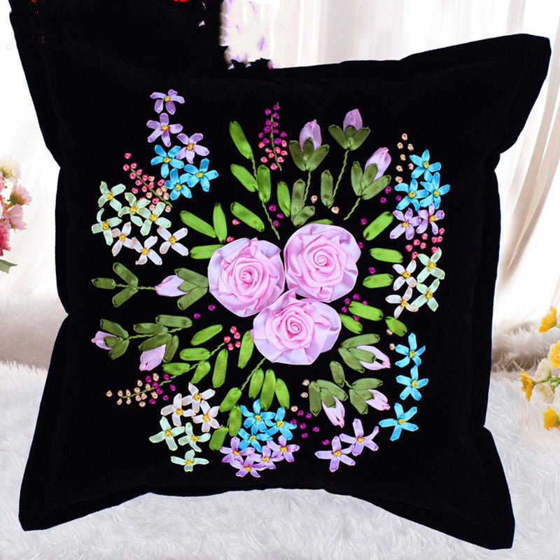 HKM-179411 Navy Blue Flannel Cross Stitch Kit - Plants and Flowers Throw Pillow