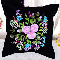 HKM-179411 Navy Blue Flannel Cross Stitch Kit - Plants and Flowers Throw Pillow