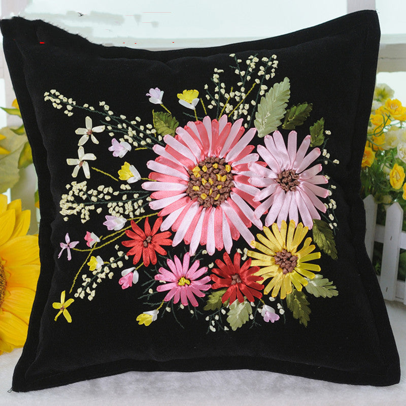 HKM-179411 Navy Blue Flannel Cross Stitch Kit - Plants and Flowers Throw Pillow