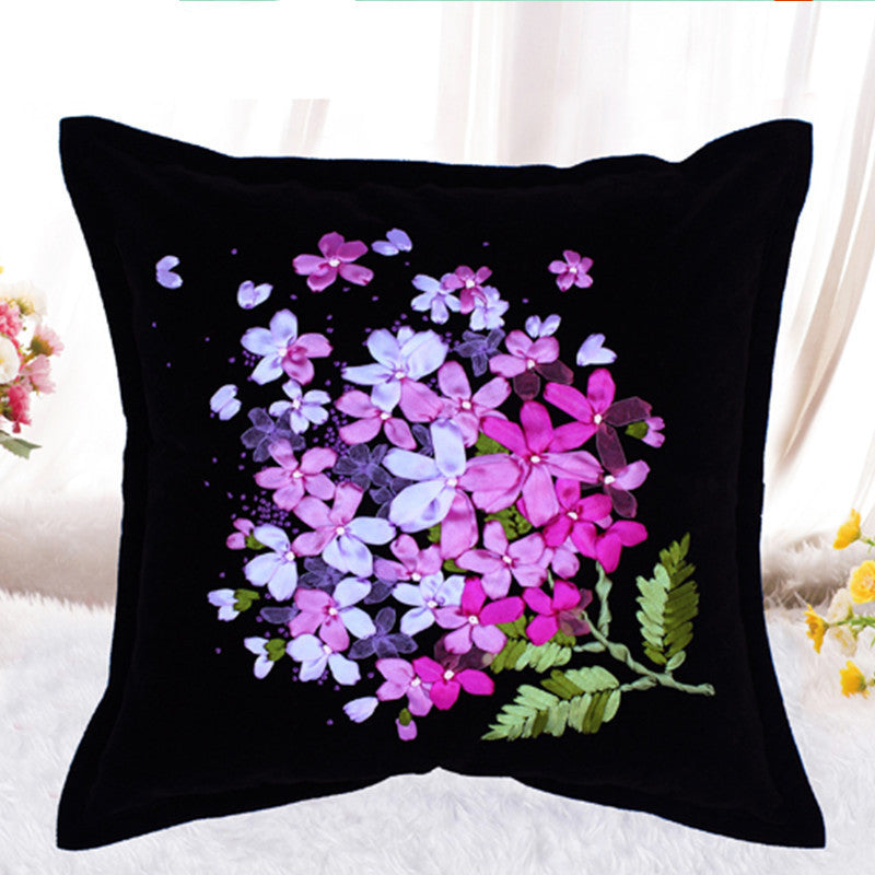 HKM-179411 Navy Blue Flannel Cross Stitch Kit - Plants and Flowers Throw Pillow