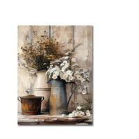 HKM-179539 Framed Wooden Canvas Art - Rustic Design with Cream Yellow Wood Grain and Jasmine Flowers in Watering Can for Living Room or Bedroom Décor