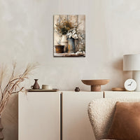 HKM-179539 Framed Wooden Canvas Art - Rustic Design with Cream Yellow Wood Grain and Jasmine Flowers in Watering Can for Living Room or Bedroom Décor