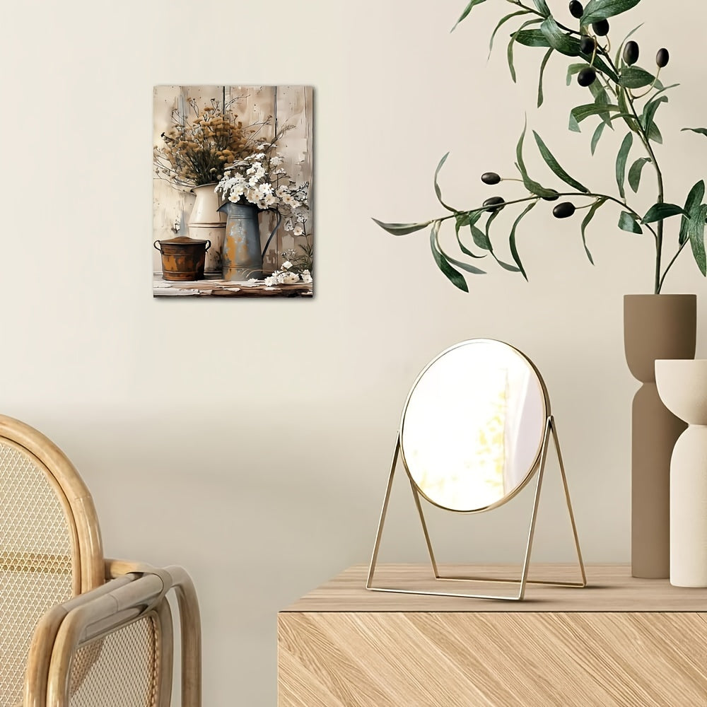 HKM-179539 Framed Wooden Canvas Art - Rustic Design with Cream Yellow Wood Grain and Jasmine Flowers in Watering Can for Living Room or Bedroom Décor