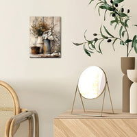 HKM-179539 Framed Wooden Canvas Art - Rustic Design with Cream Yellow Wood Grain and Jasmine Flowers in Watering Can for Living Room or Bedroom Décor