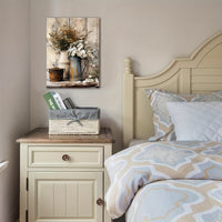 HKM-179539 Framed Wooden Canvas Art - Rustic Design with Cream Yellow Wood Grain and Jasmine Flowers in Watering Can for Living Room or Bedroom Décor
