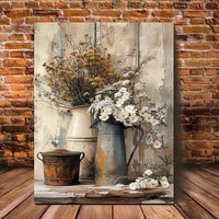 HKM-179539 Framed Wooden Canvas Art - Rustic Design with Cream Yellow Wood Grain and Jasmine Flowers in Watering Can for Living Room or Bedroom Décor