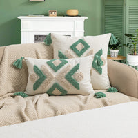 HKM-180563 Moroccan Geometric Loop Velvet Tassel Cushion Cover in Coffee Green and Beige