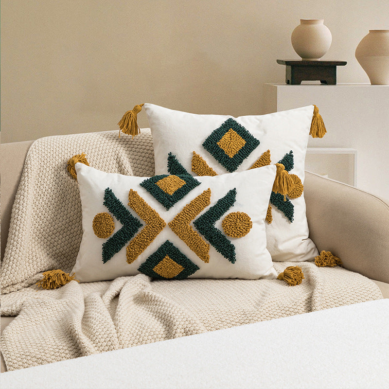 HKM-180563 Moroccan Geometric Loop Velvet Tassel Cushion Cover in Coffee Green and Beige