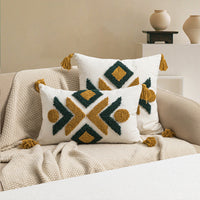 HKM-180563 Moroccan Geometric Loop Velvet Tassel Cushion Cover in Coffee Green and Beige