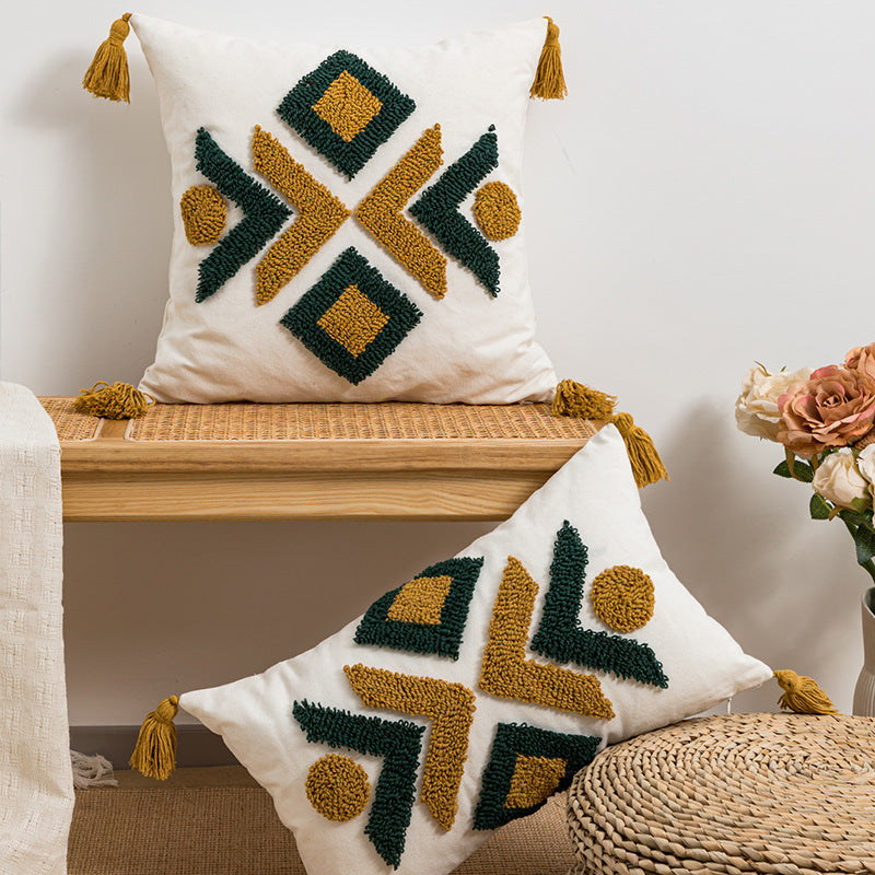 HKM-180563 Moroccan Geometric Loop Velvet Tassel Cushion Cover in Coffee Green and Beige