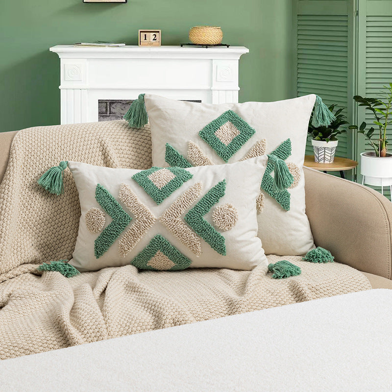 HKM-180563 Moroccan Geometric Loop Velvet Tassel Cushion Cover in Coffee Green and Beige