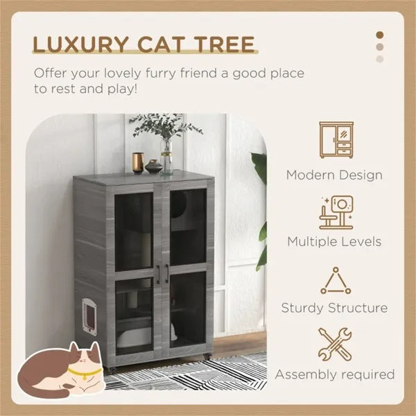 HKM-180755 Cat Villa Enclosure with Wheels, Cozy Apartment with Scratching Posts and Hiding Spots