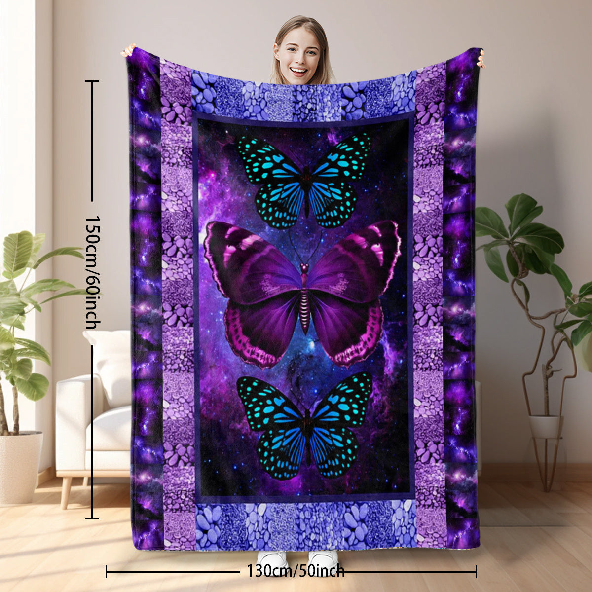 HKM-180755 Cozy Butterfly Print Flannel Blanket – Soft, Lightweight Throw for All Seasons, Multi-Purpose Use