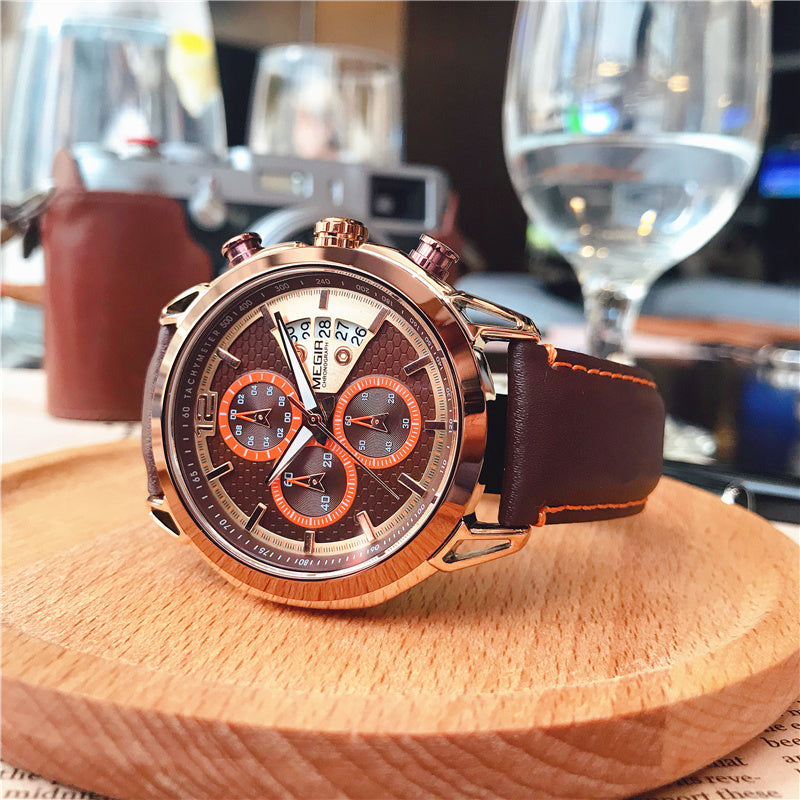 HKM-181331 Men's Waterproof Quartz Sports Chronograph Watch with Luminous Features and Leather Strap