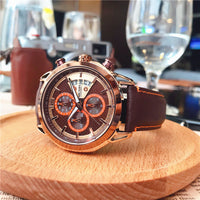 HKM-181331 Men's Waterproof Quartz Sports Chronograph Watch with Luminous Features and Leather Strap