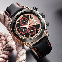 HKM-181331 Men's Waterproof Quartz Sports Chronograph Watch with Luminous Features and Leather Strap