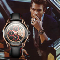 HKM-181331 Men's Waterproof Quartz Sports Chronograph Watch with Luminous Features and Leather Strap