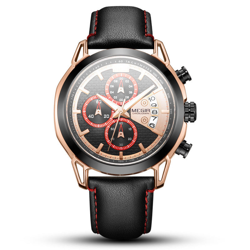 HKM-181331 Men's Waterproof Quartz Sports Chronograph Watch with Luminous Features and Leather Strap
