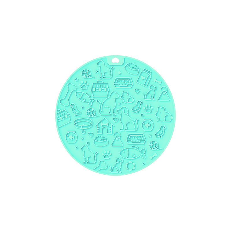 HKM-181395 Pet Licking Mat - Round Silicone Feeding Accessory in Gray, Mint, Orange, and Blue