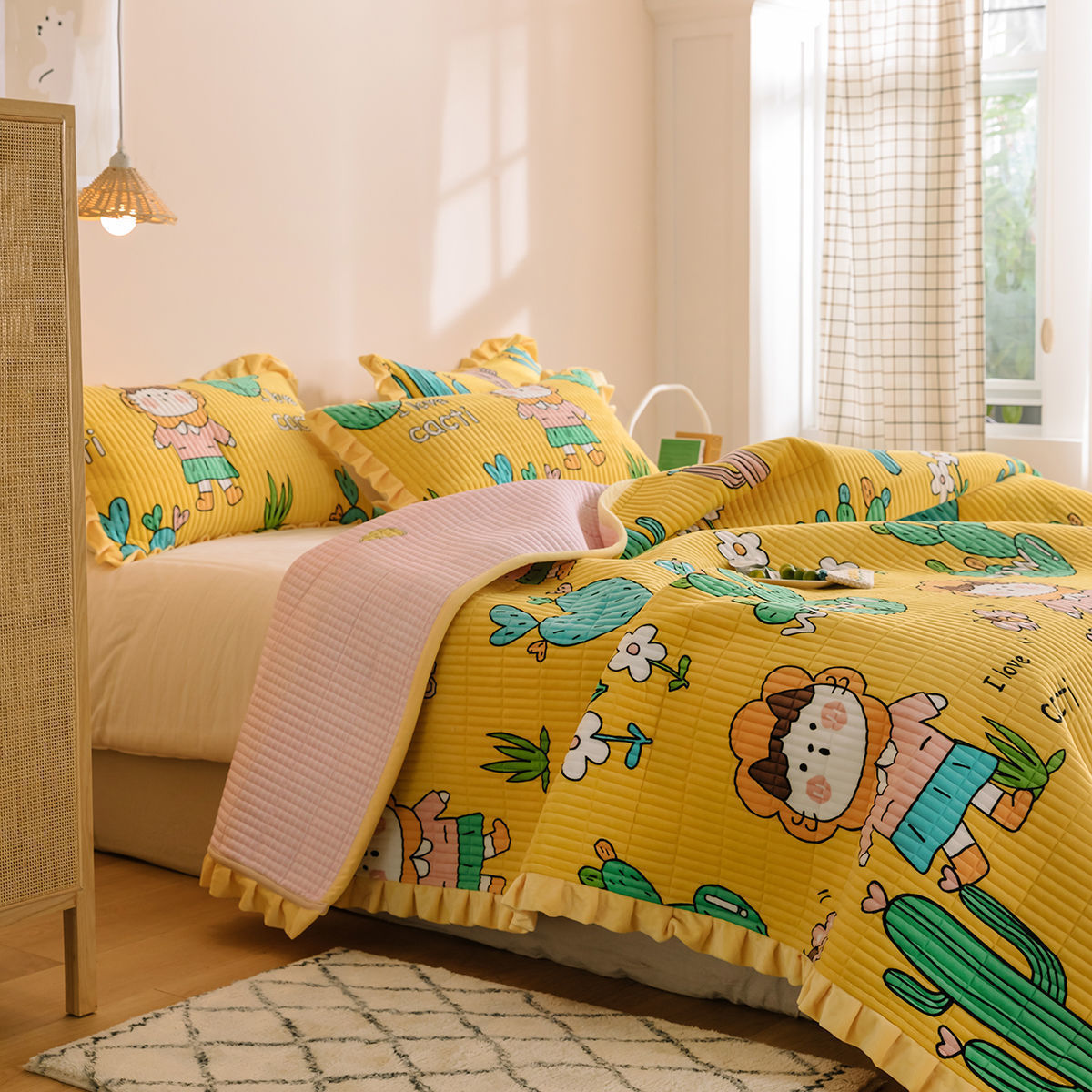HKM-181587 Milk Fleece Non-Slip Double-Sided Warm Printed Bed Sheet with Pillowcases - Various Designs