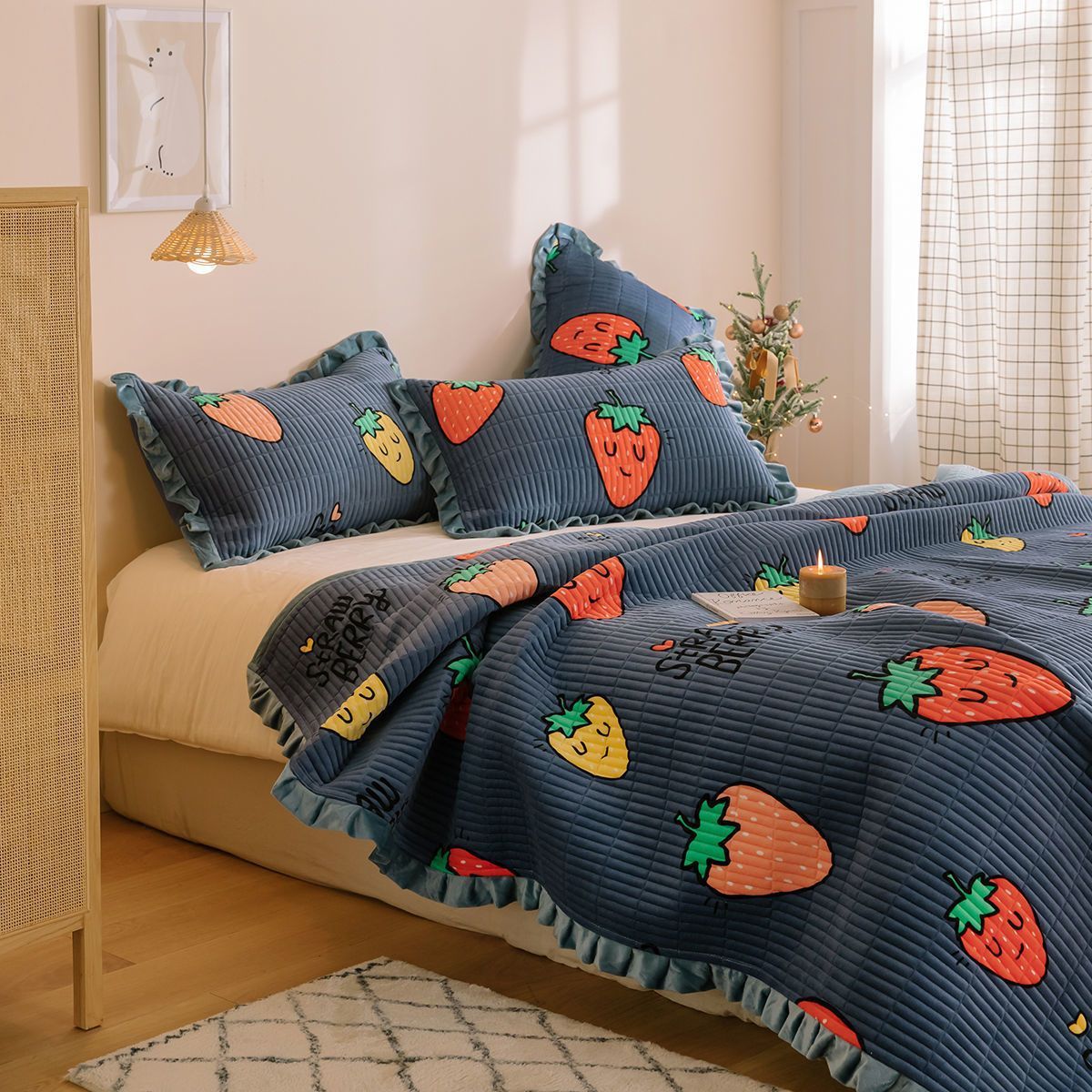 HKM-181587 Milk Fleece Non-Slip Double-Sided Warm Printed Bed Sheet with Pillowcases - Various Designs