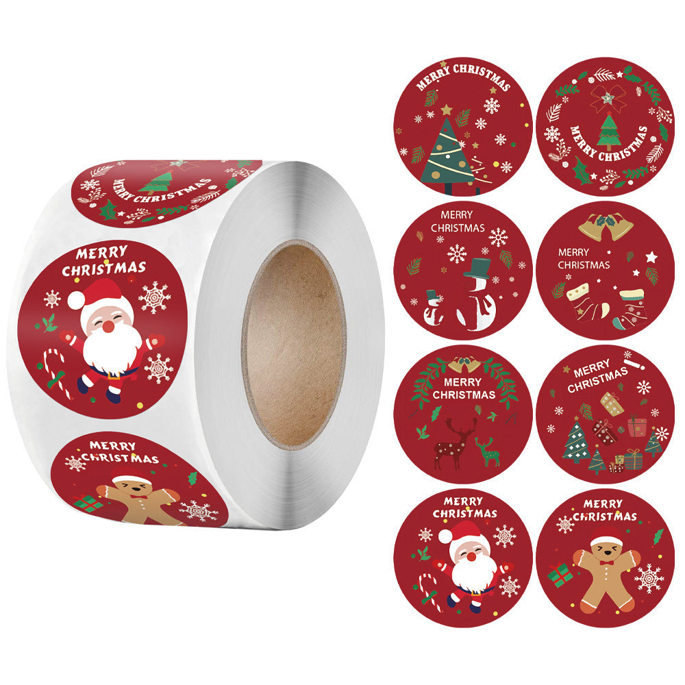 HKM-181715 Self-Adhesive Circular Kraft Paper Stickers - Merry Christmas, 500 Pieces per Roll