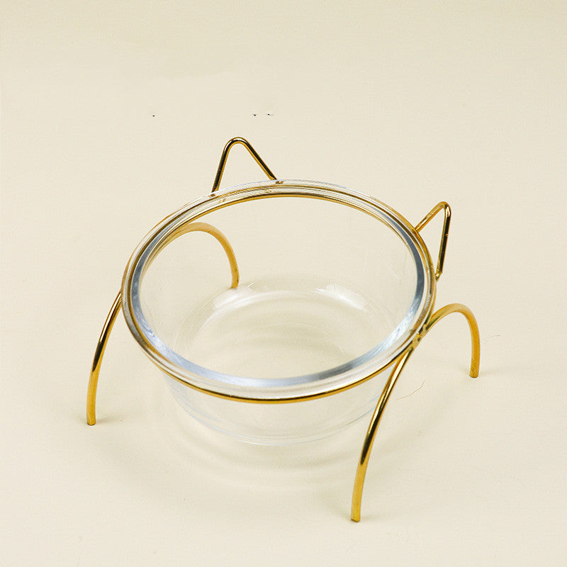 HKM-181779 Elegant Double Glass Cat Bowl with Gold Stand for Healthy Dining