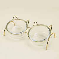 HKM-181779 Elegant Double Glass Cat Bowl with Gold Stand for Healthy Dining