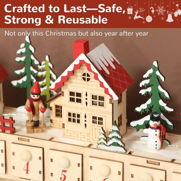 HKM-182035 Charming Christmas Advent Calendar with LED Lights and 24 Drawers for Holiday Surprises