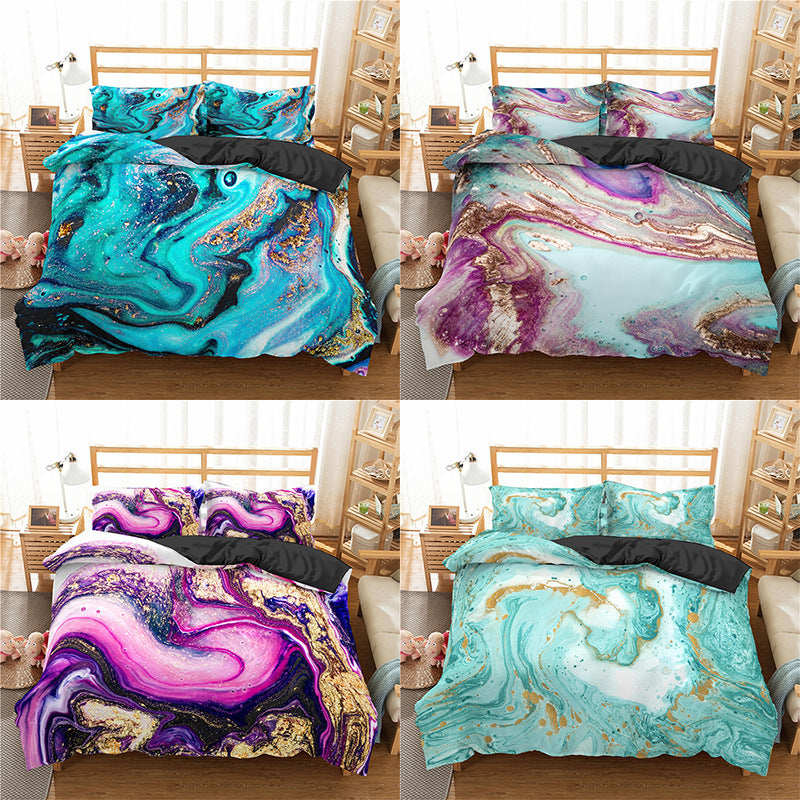 HKM-182227 Modern Marble Texture 3-Piece 3D Digital Print Quilt Cover and Pillowcase Set