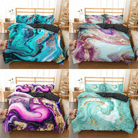 HKM-182227 Modern Marble Texture 3-Piece 3D Digital Print Quilt Cover and Pillowcase Set