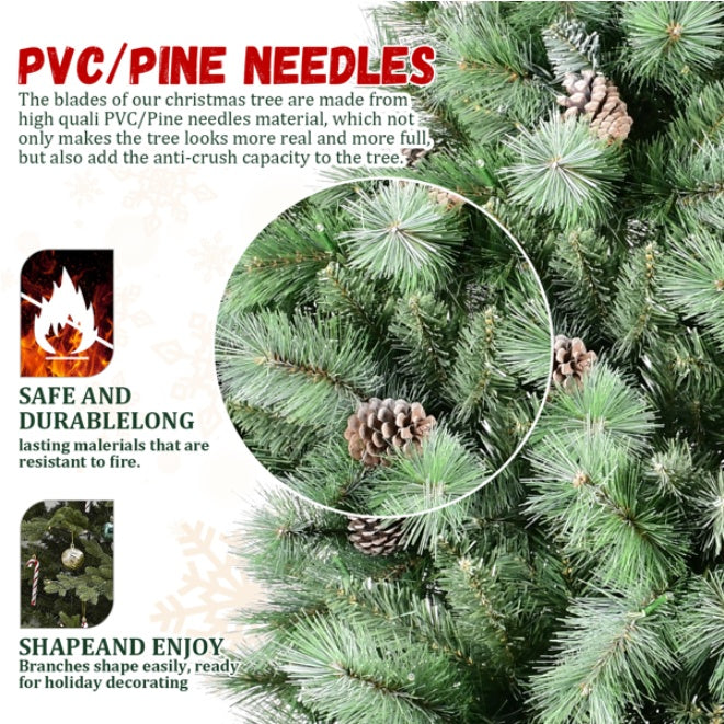 HKM-182867 7ft Artificial Green Christmas Tree with 1348 PVC Hard Needle Branch Tips and 82 Pine Cones, Easy Assembly, Fireproof Design