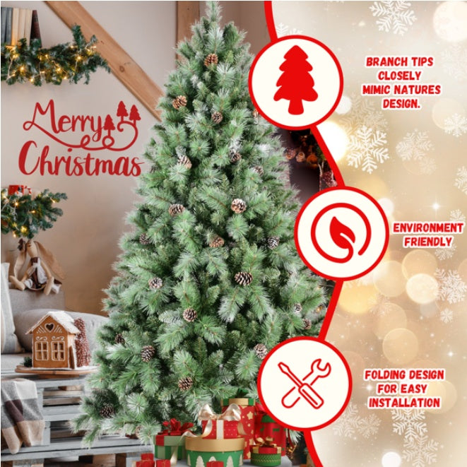 HKM-182867 7ft Artificial Green Christmas Tree with 1348 PVC Hard Needle Branch Tips and 82 Pine Cones, Easy Assembly, Fireproof Design