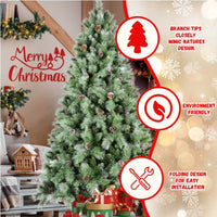 HKM-182867 7ft Artificial Green Christmas Tree with 1348 PVC Hard Needle Branch Tips and 82 Pine Cones, Easy Assembly, Fireproof Design