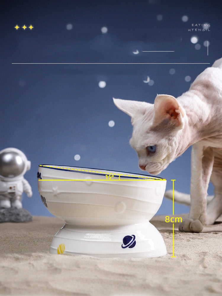 HKM-182931 Ceramic Cat Food Bowl with Planet Print - Slanted Tall Design, 13.5cm Diameter
