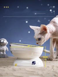 HKM-182931 Ceramic Cat Food Bowl with Planet Print - Slanted Tall Design, 13.5cm Diameter
