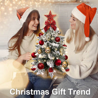 HKM-183507 2ft Mini Christmas Tree with Lights - Artificial Flocked Snow Tabletop Decoration for Home and Office