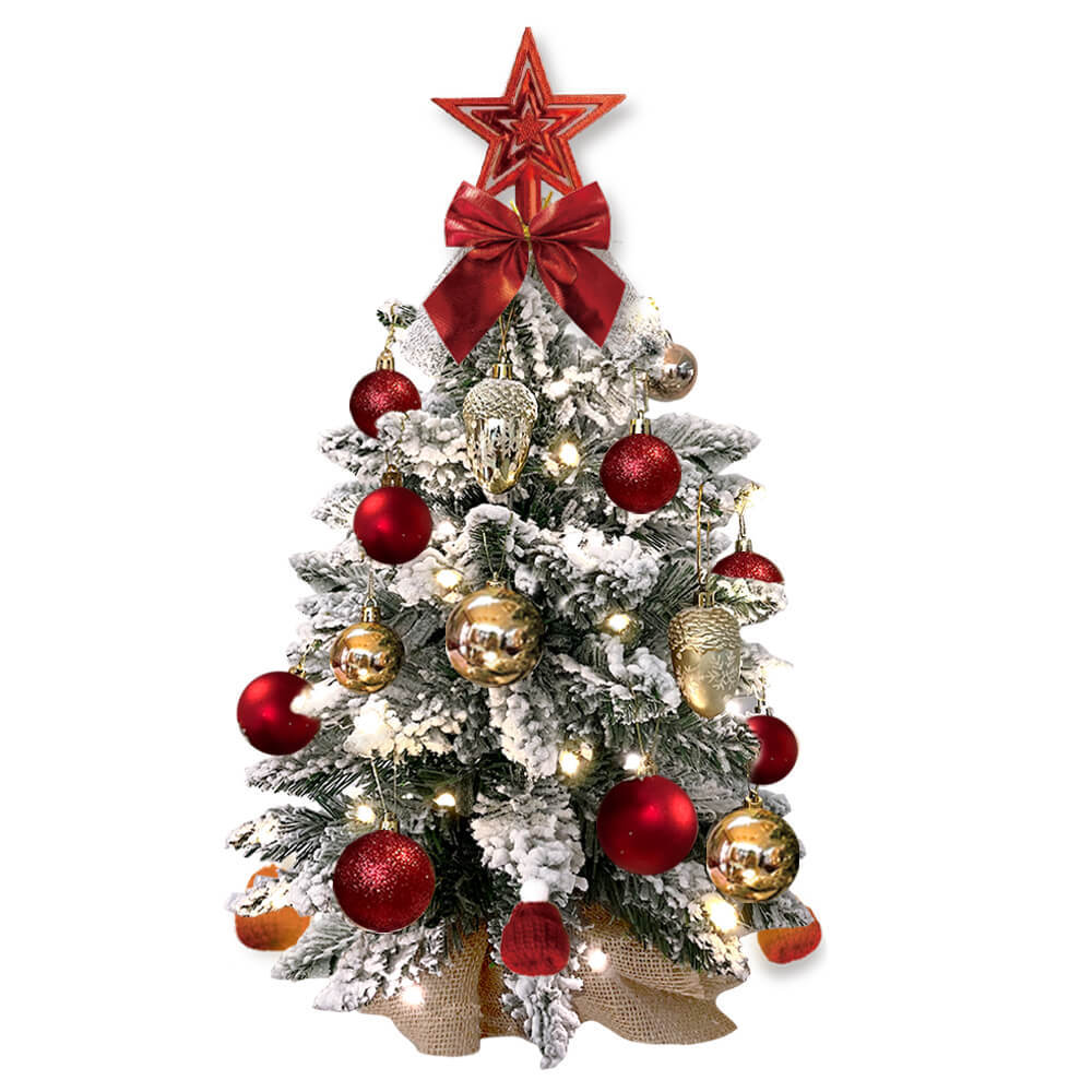 HKM-183507 2ft Mini Christmas Tree with Lights - Artificial Flocked Snow Tabletop Decoration for Home and Office