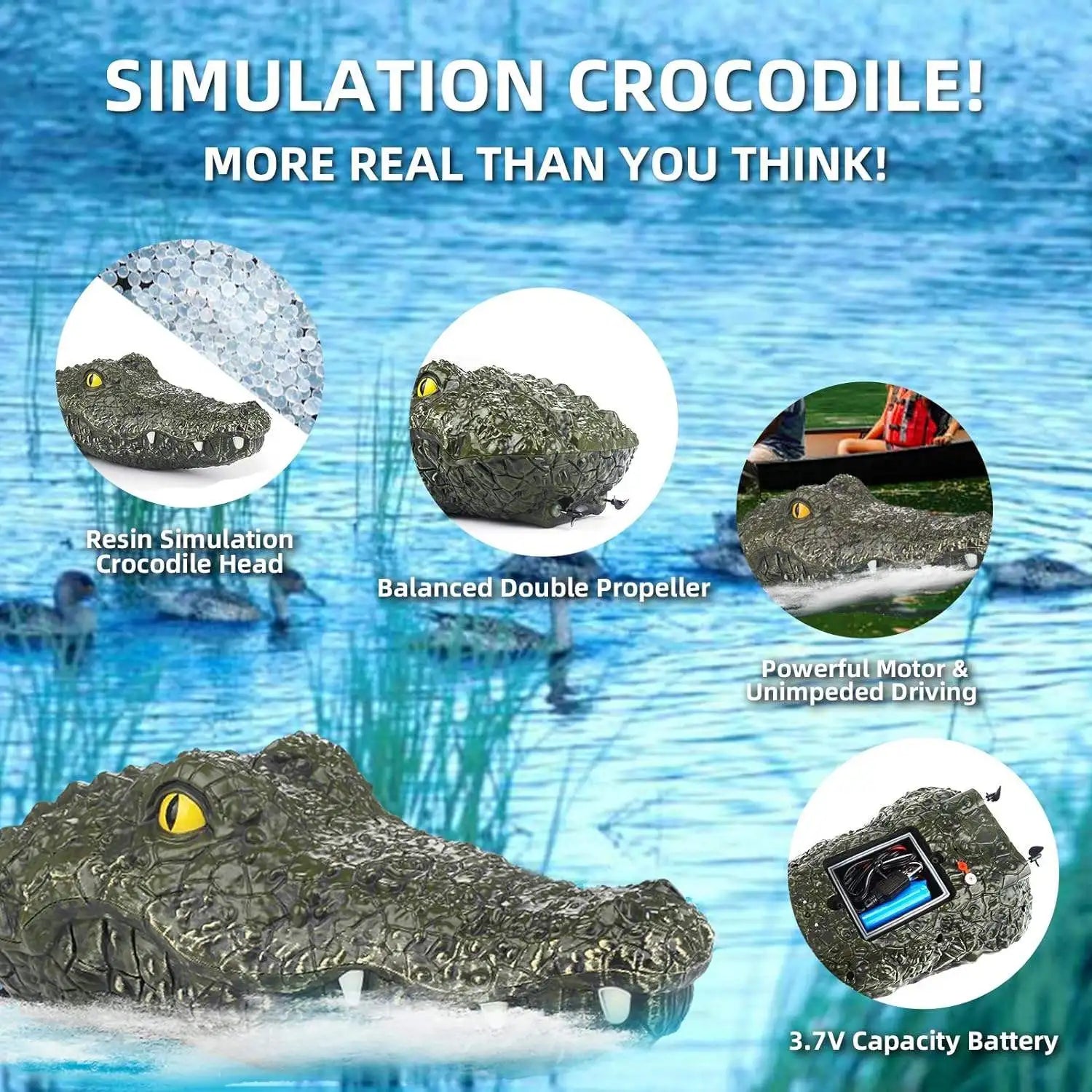 HKM-183891 Crocodile Simulation Remote Control Electric Boat for Pool Fun, 2.4GHz, Waterproof, Ready-to-Go