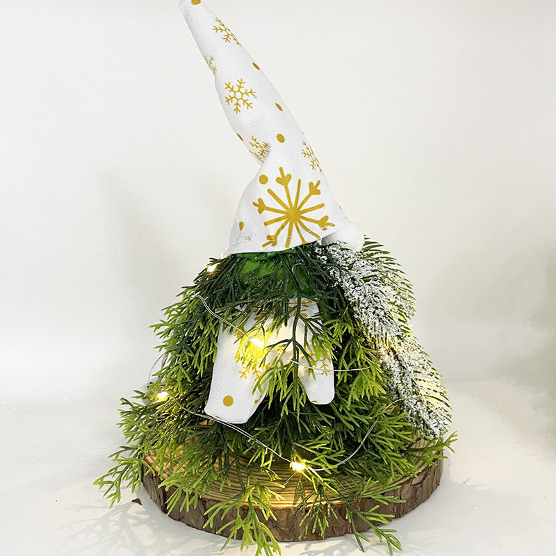 HKM-184339 Golden Green Christmas Plant Decoration with Lights - Faceless Elderly Doll Ornament