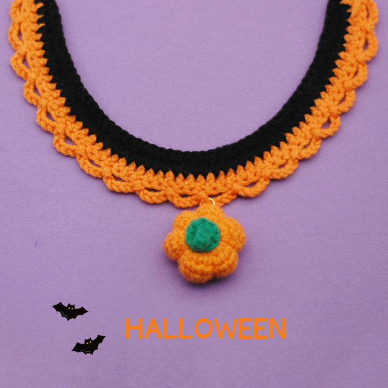 HKM-184915 Hand Crocheted Adjustable Halloween Pet Collar in Silent Pumpkin and Bell Pumpkin Colors for Cats and Dogs