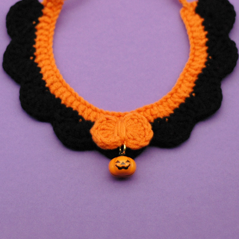 HKM-184915 Hand Crocheted Adjustable Halloween Pet Collar in Silent Pumpkin and Bell Pumpkin Colors for Cats and Dogs