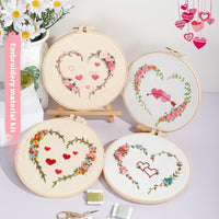 HKM-185043 DIY Heart-to-Heart Embroidery Kit for Valentine's Day - Cotton Cloth with 20cm Bamboo Ring and Taboret