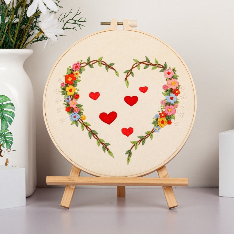 KTX-185043 DIY Heart-to-Heart Embroidery Kit for Valentine's Day - Cotton Cloth with 20cm Bamboo Ring and Taboret